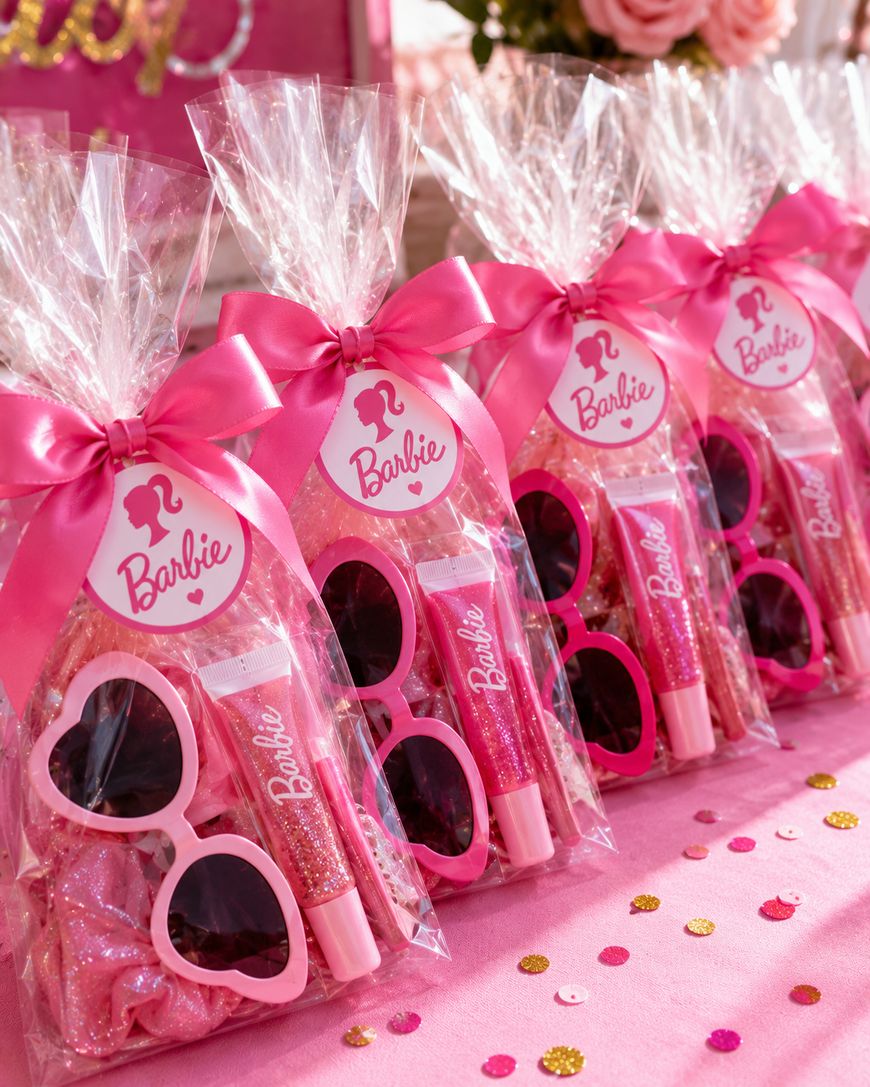Five Barbie-themed party favor bags with pink bows, heart-shaped sunglasses, and lip gloss, arranged on a sparkly pink tablecloth decorated with confetti.
