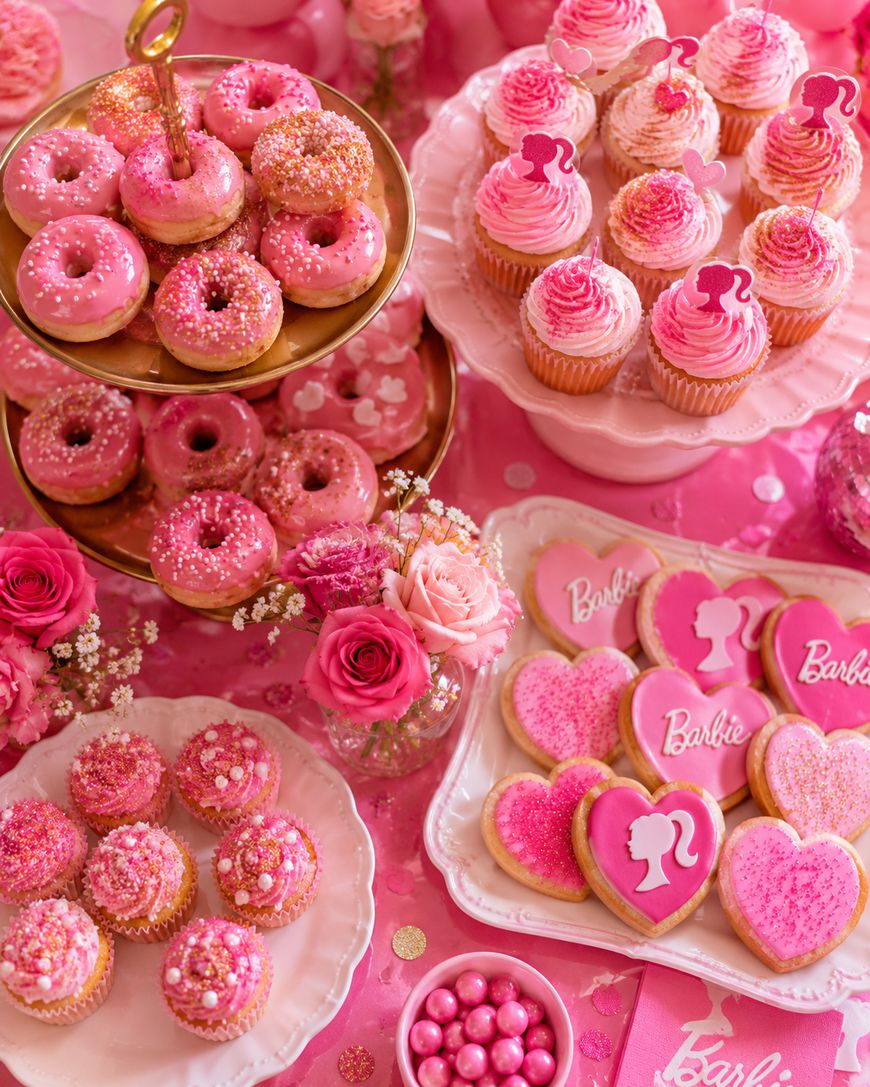 A Barbie-themed dessert table with pink donuts, cupcakes, cookies with Barbie logos, roses in vases, and bowls of pink candies, all arranged on pink tableware and a pink tablecloth.