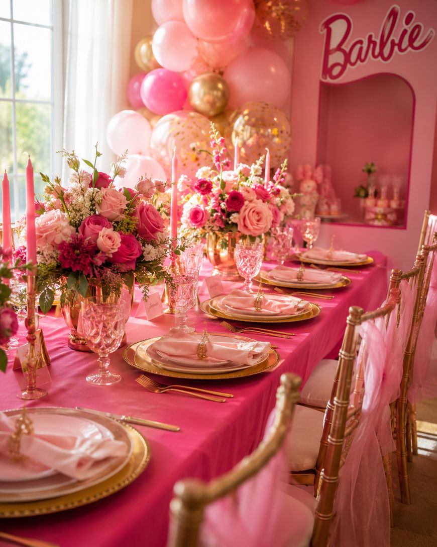 A Barbie-themed party table with pink decor, gold accents, floral centerpieces, pink balloons, and elegant place settings, set near a window with natural light.