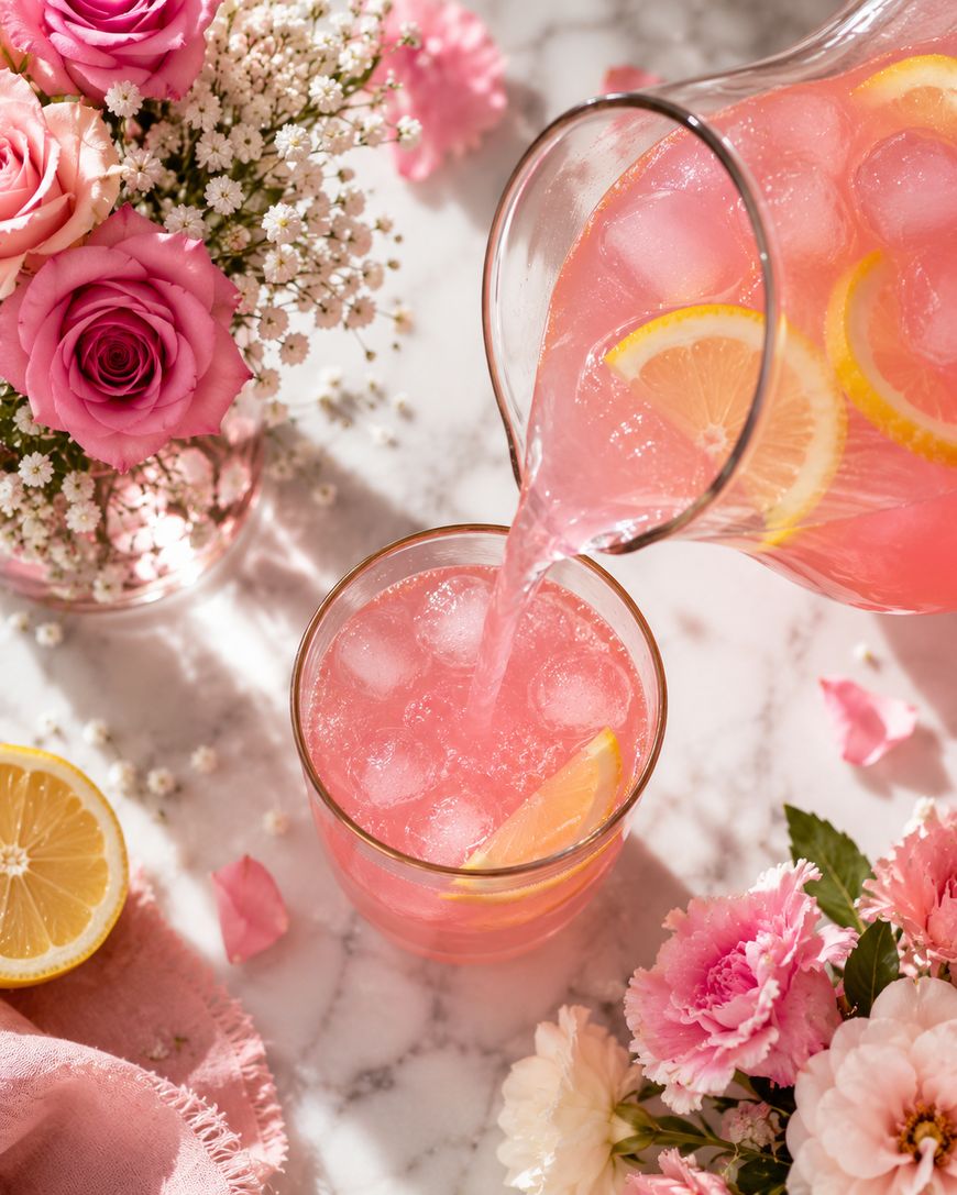 A pitcher pours pink lemonade with lemon slices into a glass filled with ice. Pink roses, carnations, and a halved lemon decorate the marble surface.