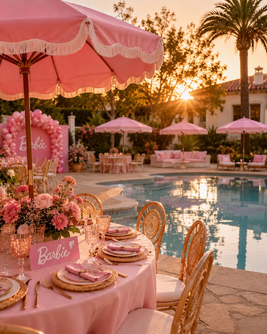 A pink-themed outdoor Barbie party setup by a pool, with elegant tables, floral centerpieces, pink umbrellas, and Barbie signage. The scene is bright and festive, with sunlight filtering through palm trees.