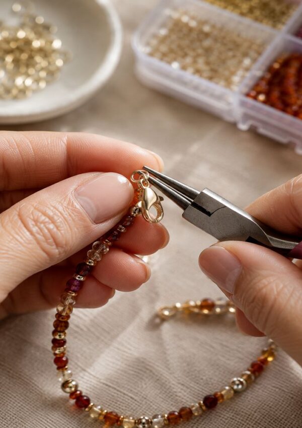 A person uses pliers to attach a clasp to a beaded necklace, with colorful beads and supplies visible in the background on a beige surface.
