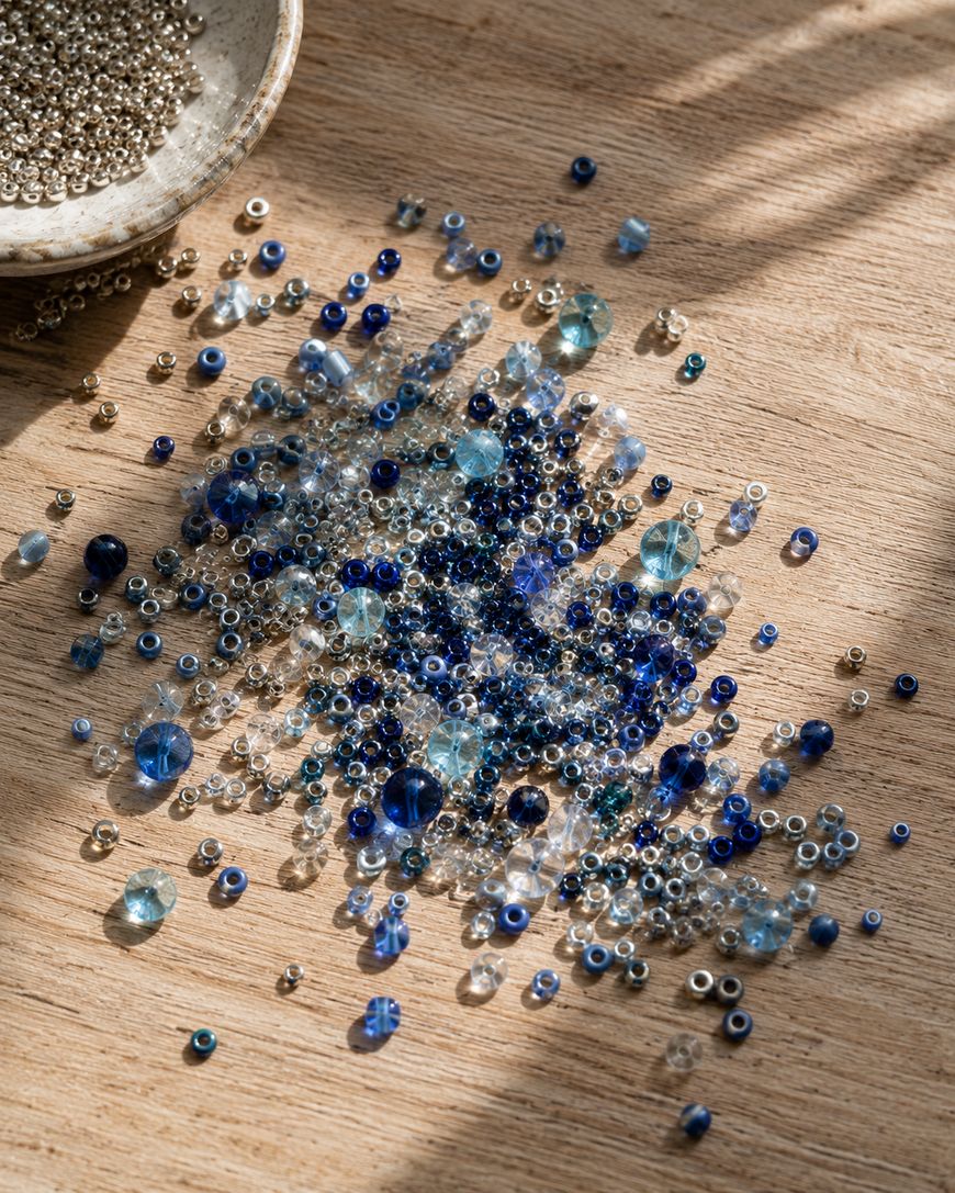A scattered mix of blue, silver, and clear beads of various sizes on a wooden surface, with a small bowl of silver beads.