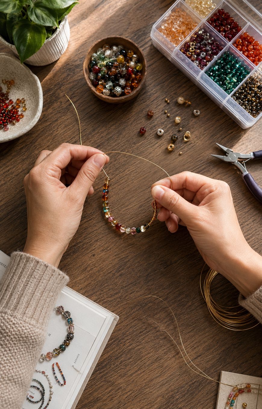 Hands string colorful beads onto wire, making jewelry at a wooden table. Nearby are sorted beads, a tool, a spool of wire, a plant, and a bowl with completed beads. An open book with jewelry designs is also visible.