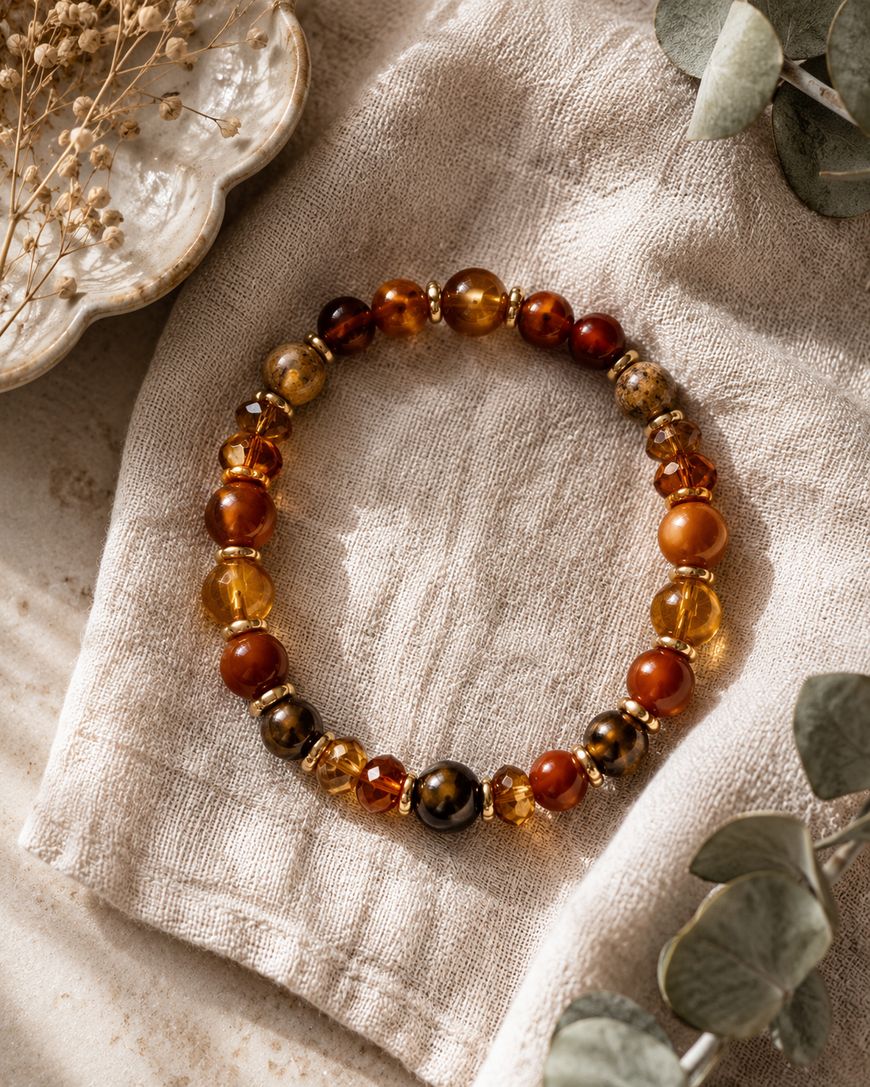 A beaded bracelet with amber, brown, and gold beads rests on a beige cloth, surrounded by dried flowers and greenery.