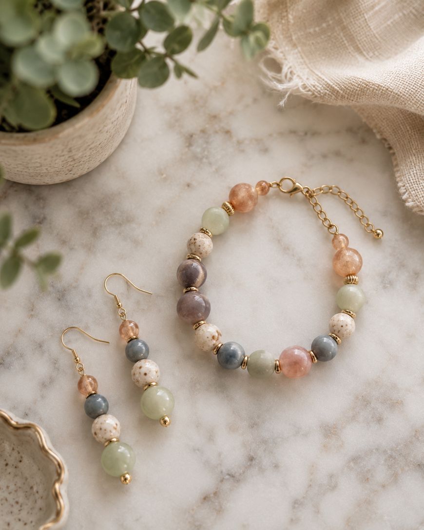 A beaded bracelet and matching earrings with pastel-colored round beads on a marble surface, surrounded by green plants and a beige cloth.