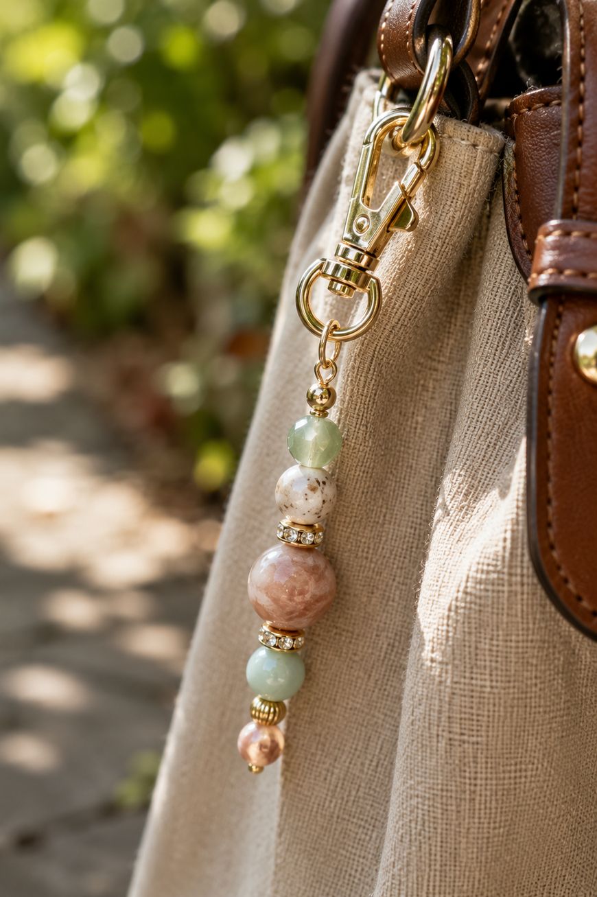 A beige bag with brown leather straps features a gold keychain clip holding decorative beads in pastel colors.