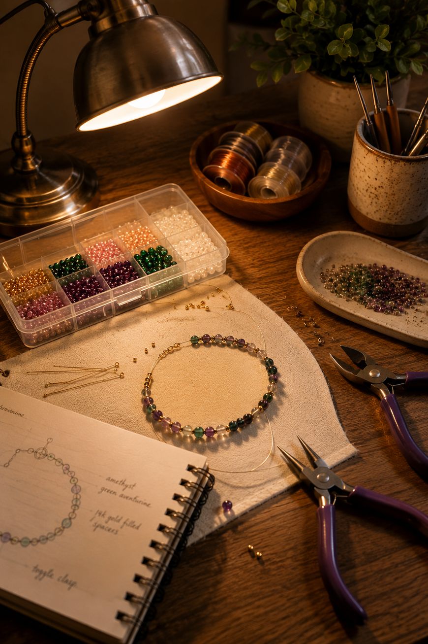 A beading workspace with a lamp, beads, tools, a beaded necklace in progress, and a sketchbook showing a jewelry design.