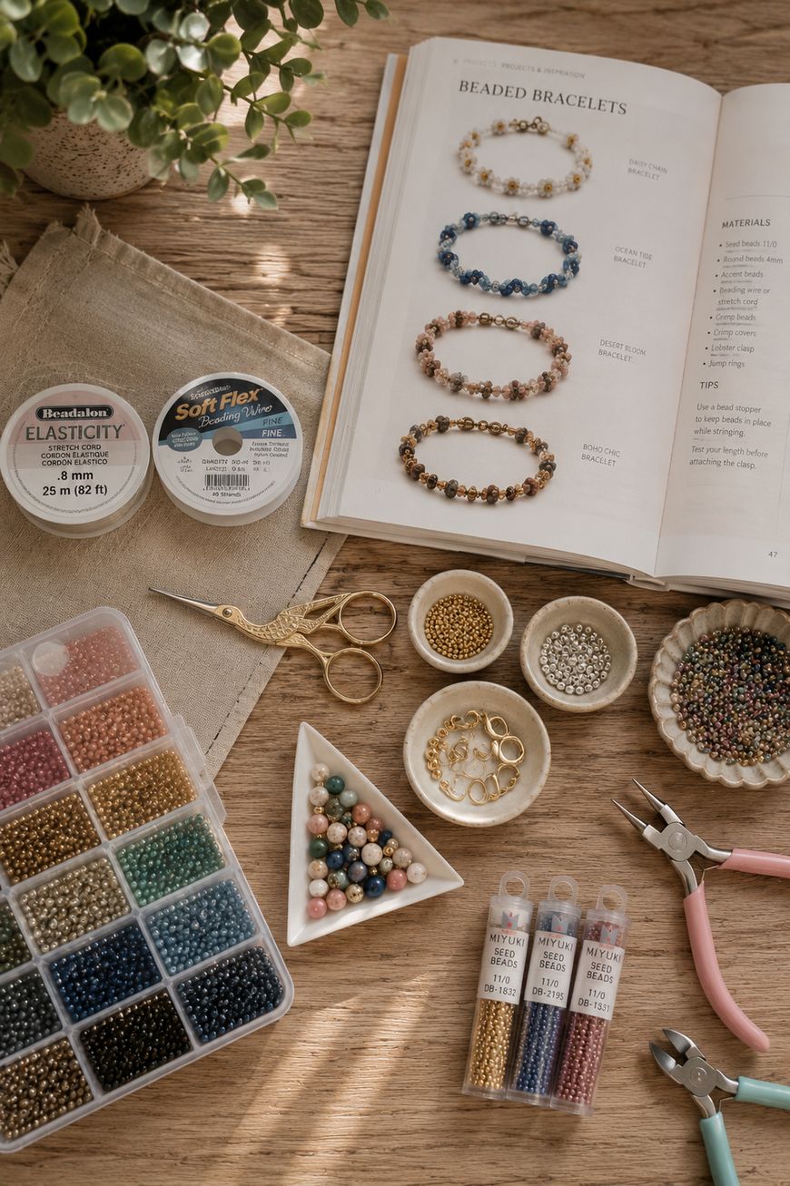 Top-down view of bracelet-making supplies, including beads, pliers, scissors, jewelry string, open book with bracelet patterns, and a bead storage case arranged neatly on a table. Sunlight creates shadows across the scene.