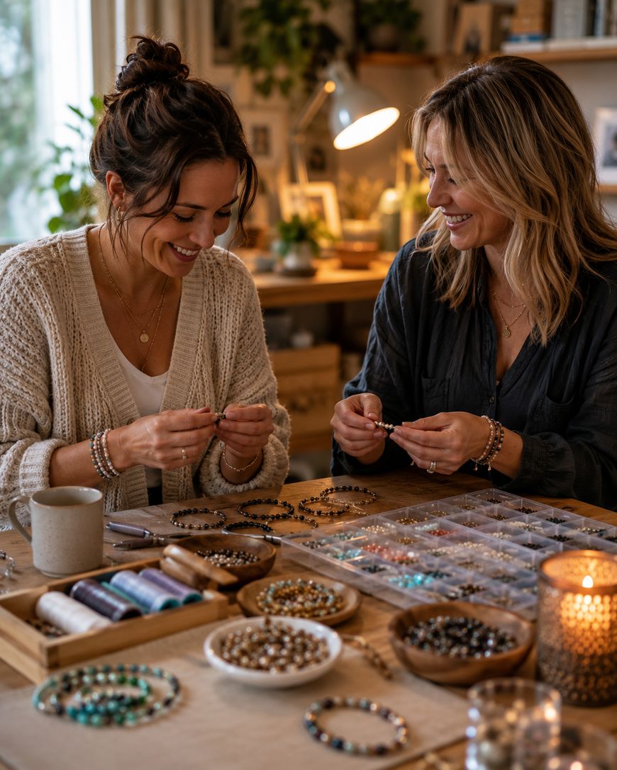 Two women sit at a table making beaded jewelry together, smiling. The table is covered with beads, threads, and candles, creating a cozy, creative atmosphere in a warmly-lit room.