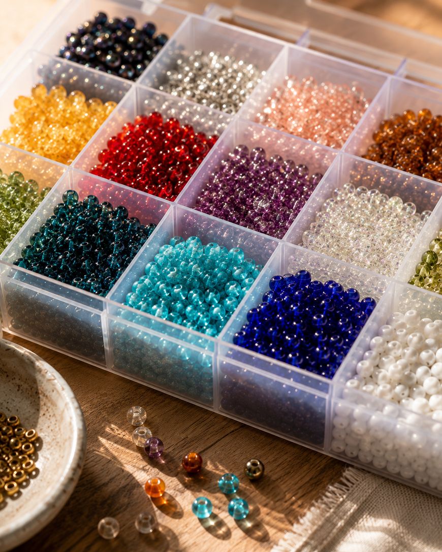 A plastic organizer box contains small, round beads in various colors, neatly sorted in compartments.
