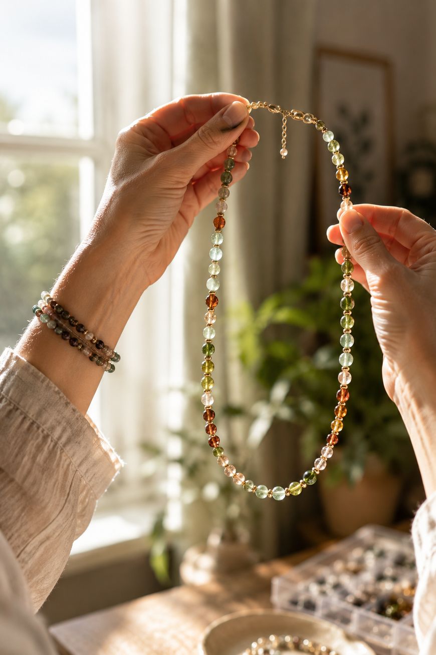 Hands hold up a colorful beaded necklace in natural sunlight, with potted plants and jewelry-making supplies visible in the blurred background.