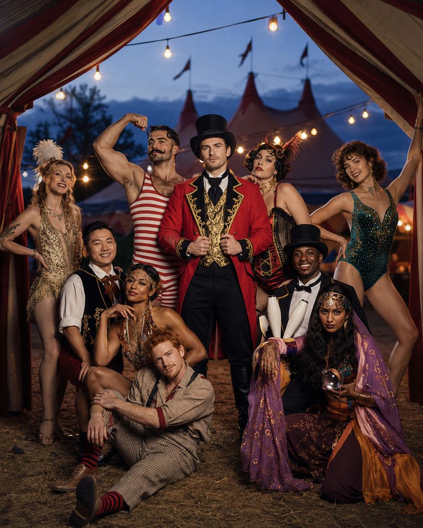 A circus troupe poses under a tent at dusk, featuring a ringmaster in a red coat, a strongman flexing, acrobats, a fortune teller, and performers in sparkling costumes, with string lights and tents in the background.
