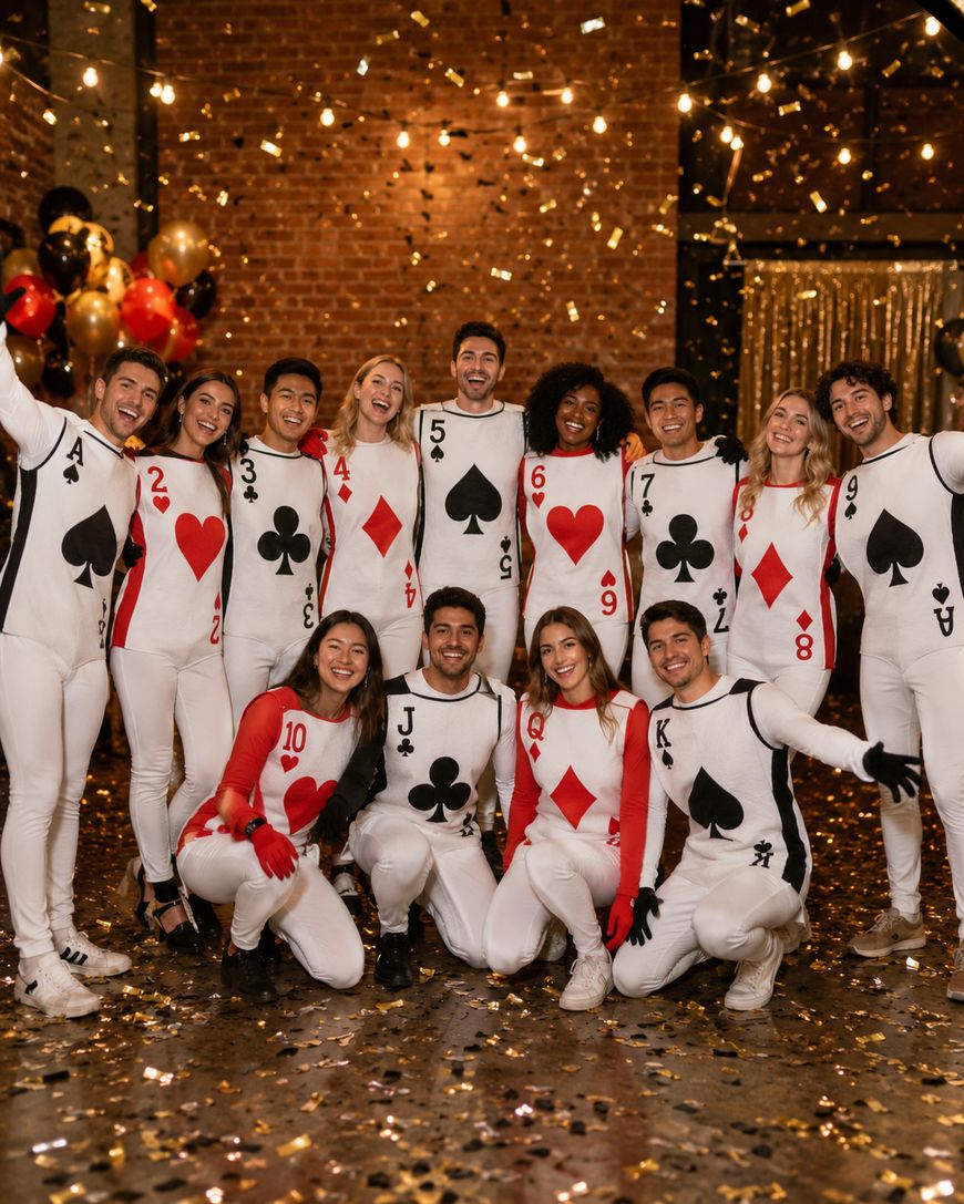 Thirteen people wearing playing card costumes pose together at a festive indoor party with gold confetti on the floor and balloons in the background.