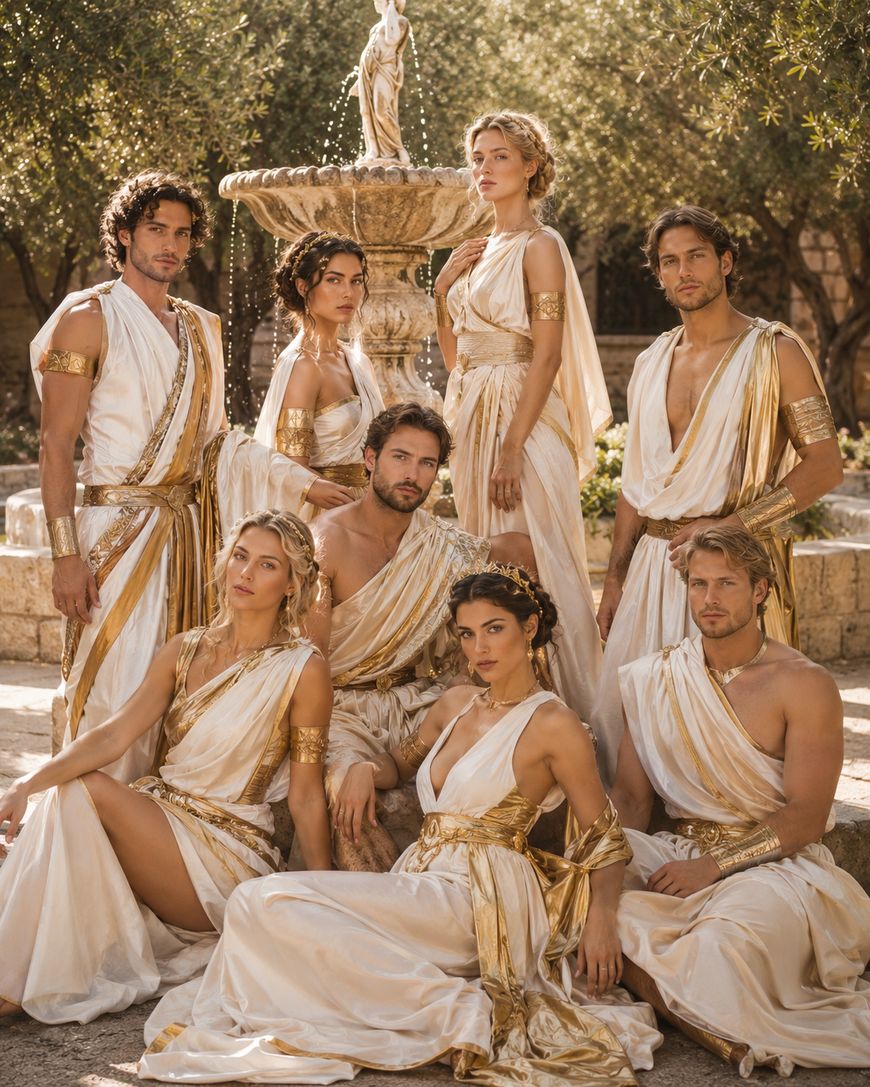 Eight people in white and gold ancient Greek-style clothing pose outdoors in front of a stone fountain and greenery, with calm expressions and elaborate hairstyles.