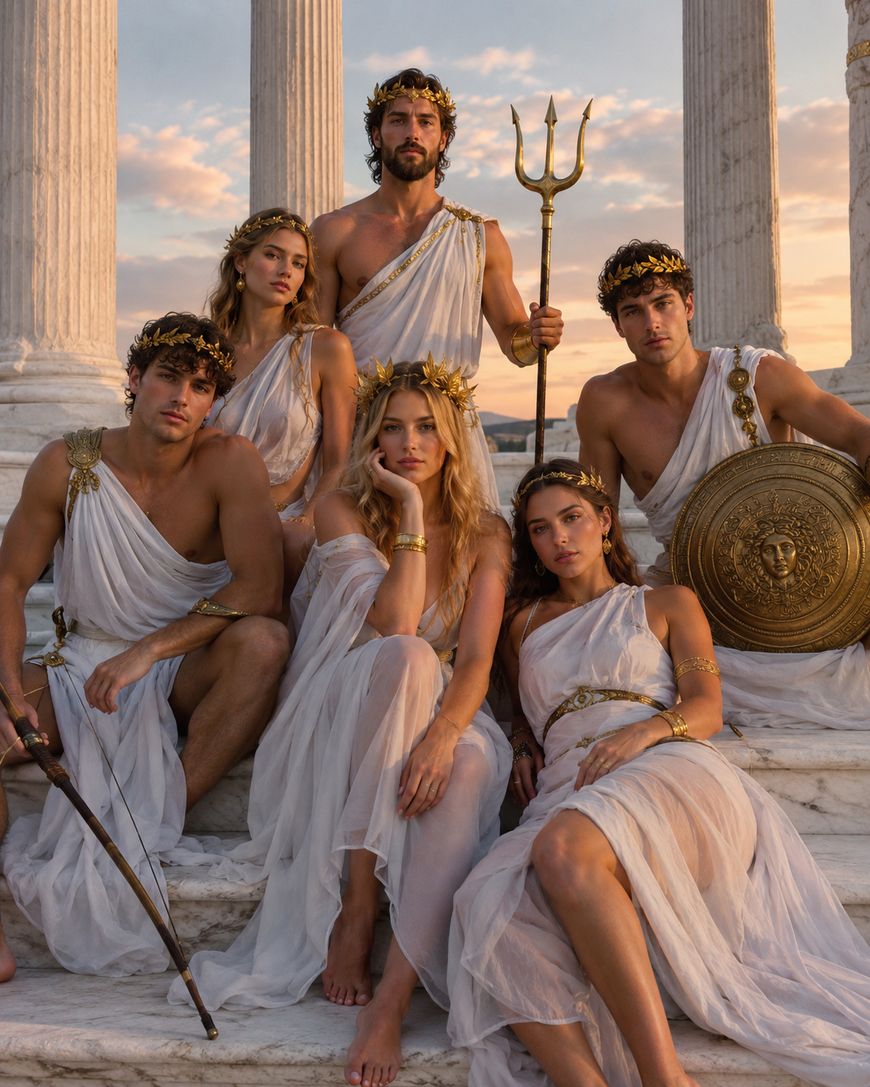 Six people dressed as Greek gods and goddesses pose on marble steps among columns, wearing white togas, gold accessories, and laurel crowns; some hold a shield, trident, and bow. The sky is pink and orange at sunset.