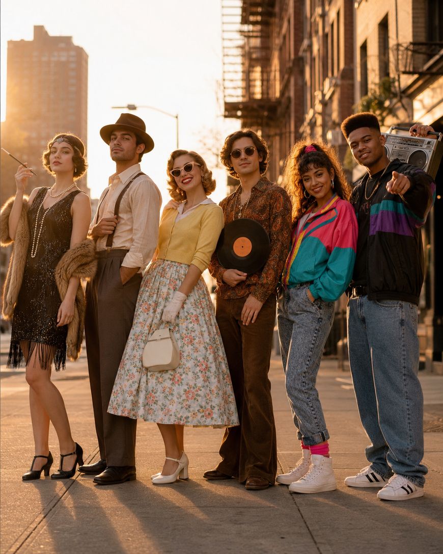 Six people stand on a city street, each dressed in fashion from different decades, including 1920s, 1950s, 1970s, 1980s, and 1990s, smiling and posing with era-specific accessories.