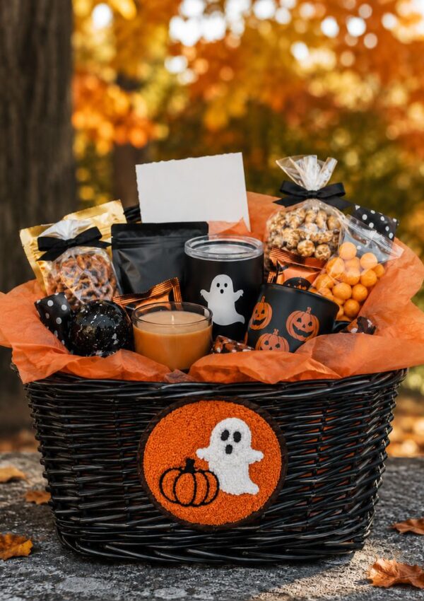 A black basket with a ghost and pumpkin patch holds Halloween treats, snacks, a candle, and cups with ghost and pumpkin designs. Orange tissue paper and fall foliage are in the background.