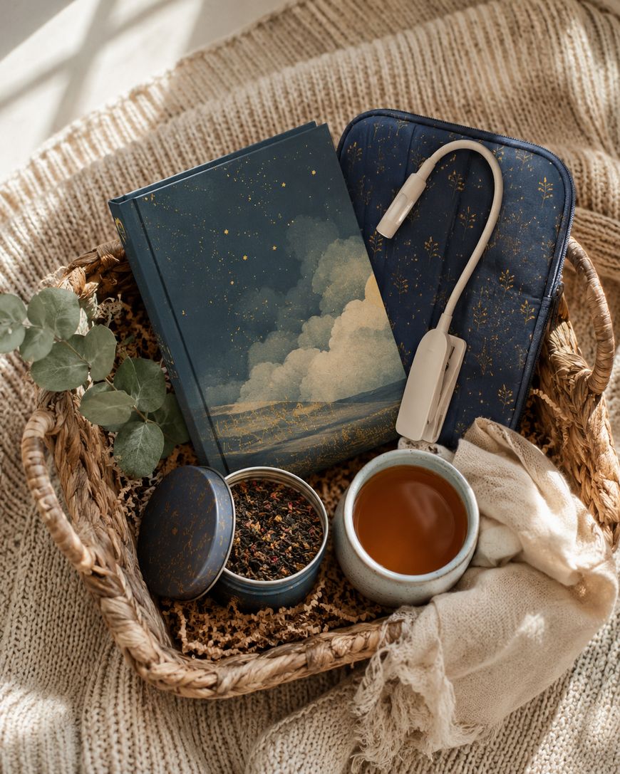 A wicker basket with a notebook, tea tin, cup of tea, fabric pouch, clip-on reading light, eucalyptus sprig, and a beige cloth, all arranged on a knitted blanket.