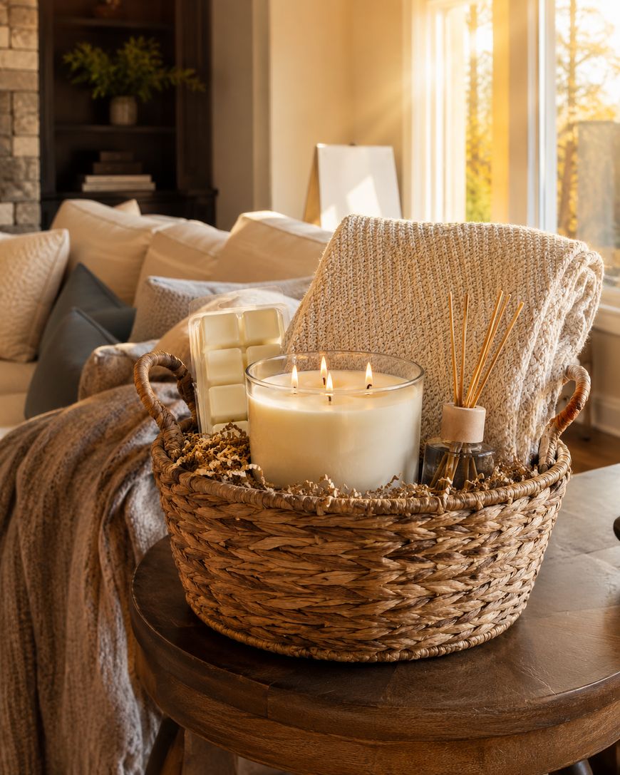 A woven basket on a table holds a lit candle, reed diffuser, chocolate, and a folded knit blanket, set in a cozy, sunlit living room with a sofa and throw blanket in the background.