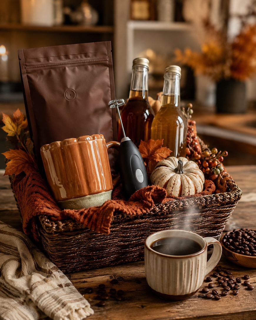 A cozy autumn gift basket with mugs, coffee beans, a milk frother, syrup bottles, and a small pumpkin on a kitchen table. A steaming cup of coffee sits in front. Warm, rustic colors and fall decorations surround the items.