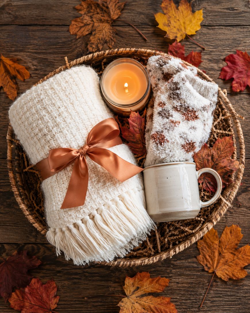 A cozy basket with a cream blanket tied with a satin ribbon, a lit candle, patterned socks, and a mug, surrounded by autumn leaves on a wooden surface.