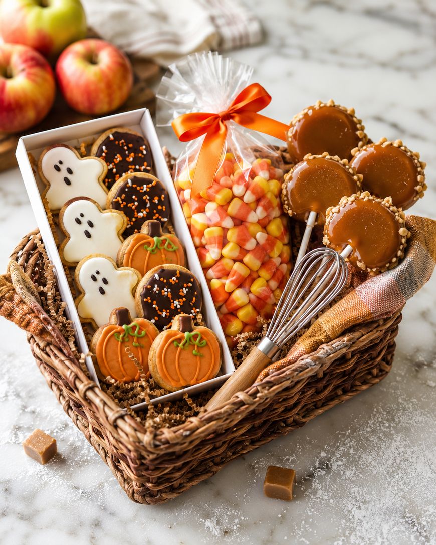 A wicker basket with Halloween cookies, caramel apples, a bag of candy corn tied with an orange ribbon, apples, a whisk, and a plaid cloth on a marble surface.