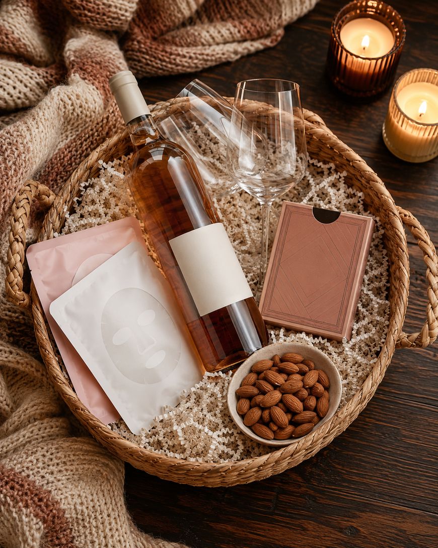 A woven basket with a wine bottle, two glasses, a chocolate bar, a bowl of almonds, a face mask, and two lit candles, all on a cozy knit blanket.