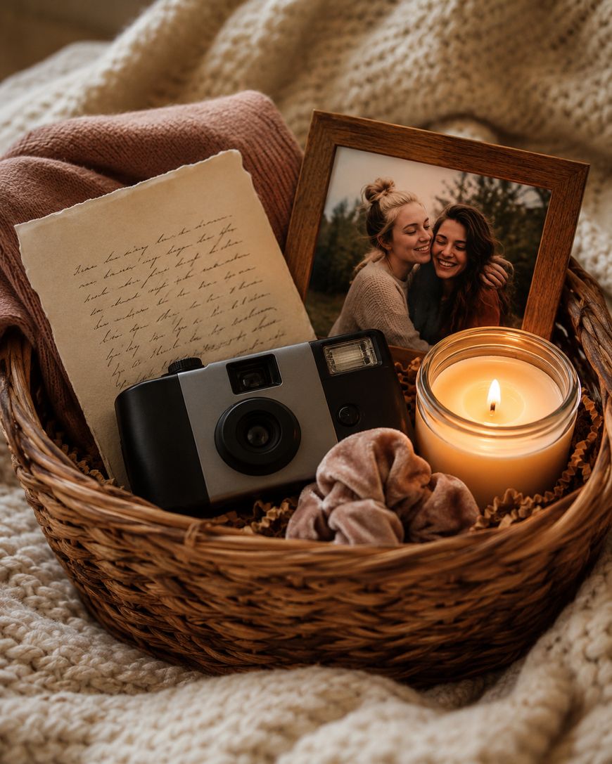 A woven basket holds a lit candle, a vintage camera, a handwritten letter, a framed photo of two smiling women, and a scrunchie, all resting on a knitted blanket.