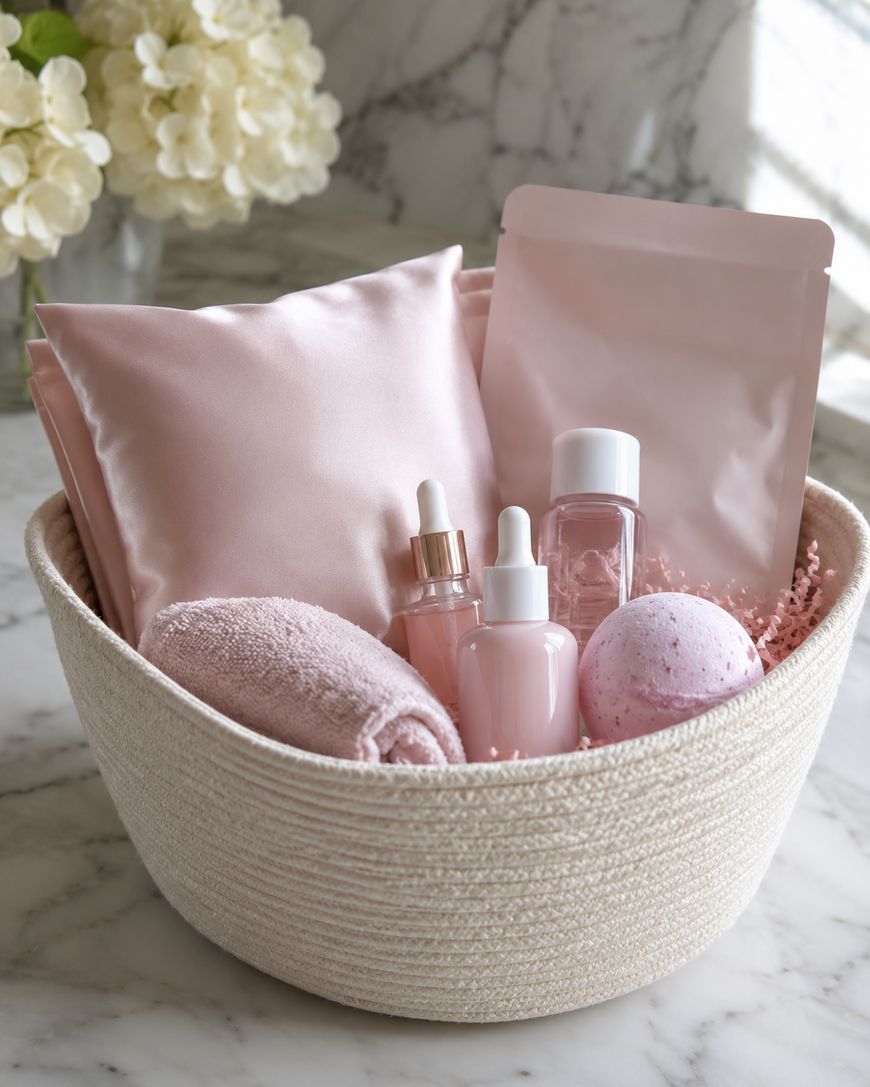 A white basket on a marble counter holds pink satin pillows, skincare dropper bottles, a towel, a pink bath bomb, a small bottle, and a pink packet. White flowers are seen in the background.