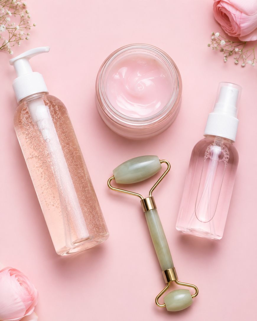 Flat lay of skincare products on a pink background: a pump bottle, a jar of pink cream, a spray bottle, a jade roller, and pink flowers arranged decoratively.