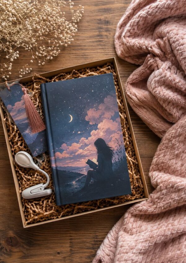 A box contains a journal with a cover showing a silhouette reading under a crescent moon, a matching bookmark, a clip-on light, dried flowers, and a pink textured blanket on a wooden surface.
