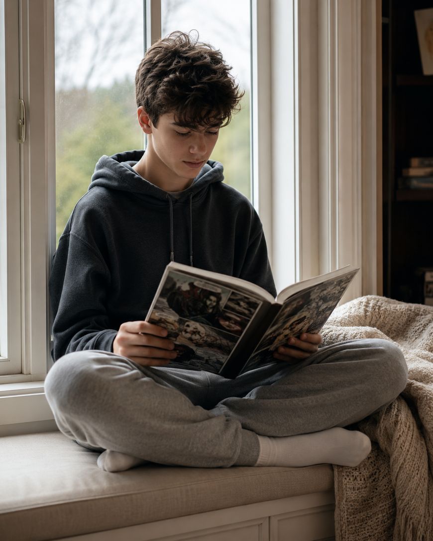 Teen sitting cross-legged on a window seat, reading a magazine or book. He wears a dark hoodie and gray sweatpants, with soft natural light coming through the window behind him. A cozy blanket is nearby.
