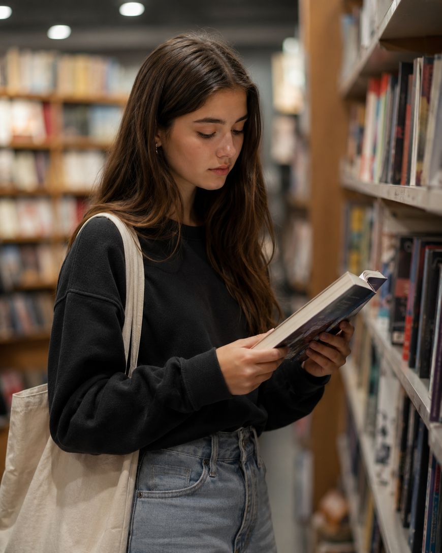 A young woman with long brown hair reads a book while standing in a library aisle. She wears a black sweatshirt, jeans, and carries a beige tote bag over her shoulder. Bookshelves filled with books surround her.