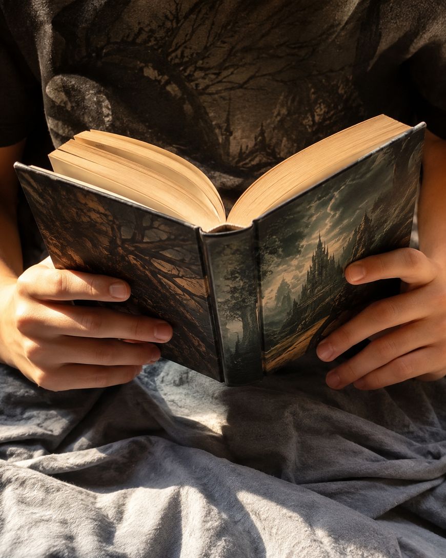 A person holds an open hardcover book with a fantasy-style cover art featuring a castle and trees, sitting on a gray blanket in soft light.
