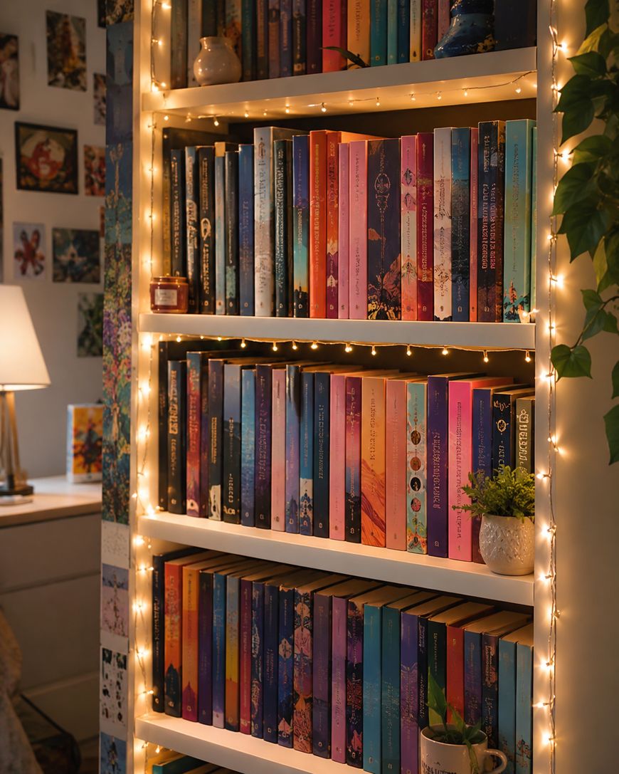 A bookshelf filled with colorful books, decorated with string lights and small plants. A lamp and wall art are visible in the cozy, softly-lit background.