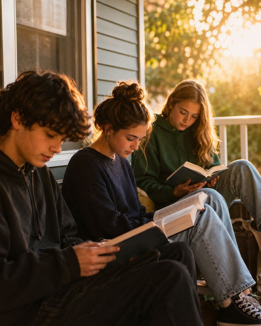 Three teenagers sit closely on a porch, each reading a book. Warm sunlight filters through the background, and they appear focused and calm. The atmosphere is peaceful and relaxed.