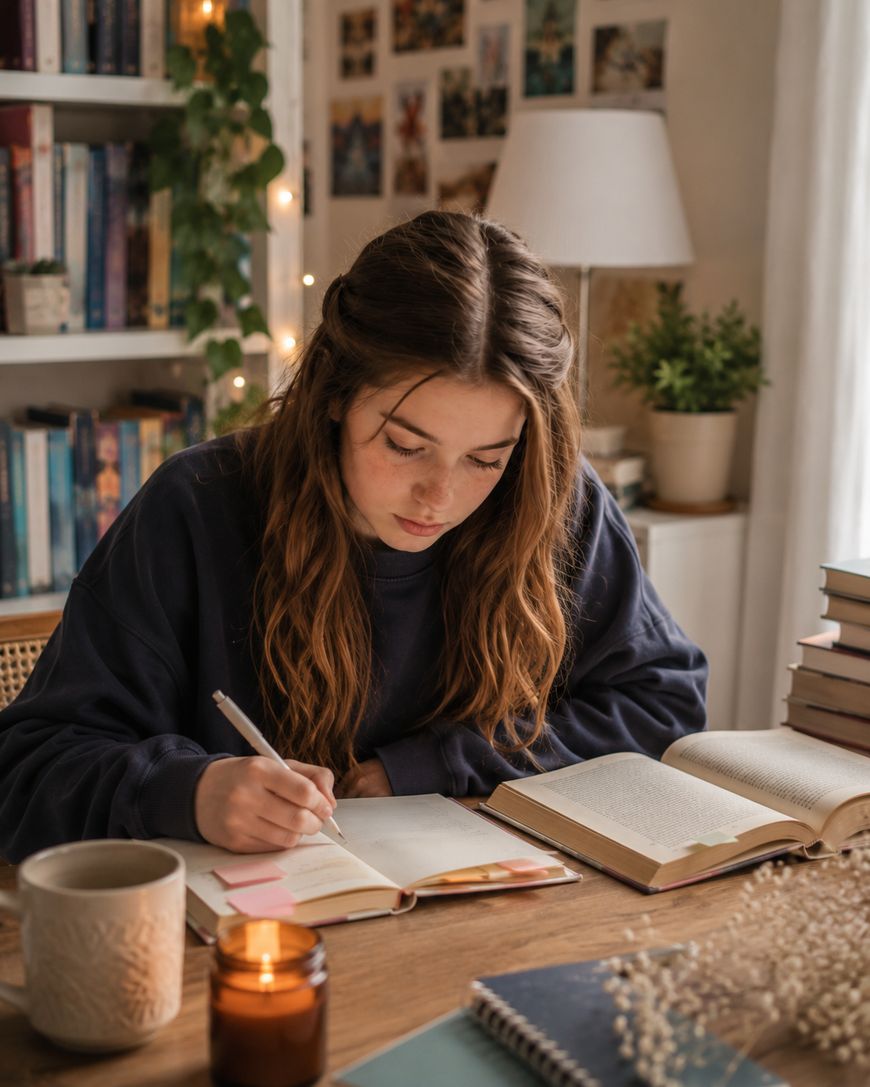 A young woman with long brown hair studies at a cozy desk with books, a lit candle, and a mug. Bookshelves, plants, and string lights decorate the background, creating a warm, inviting atmosphere.