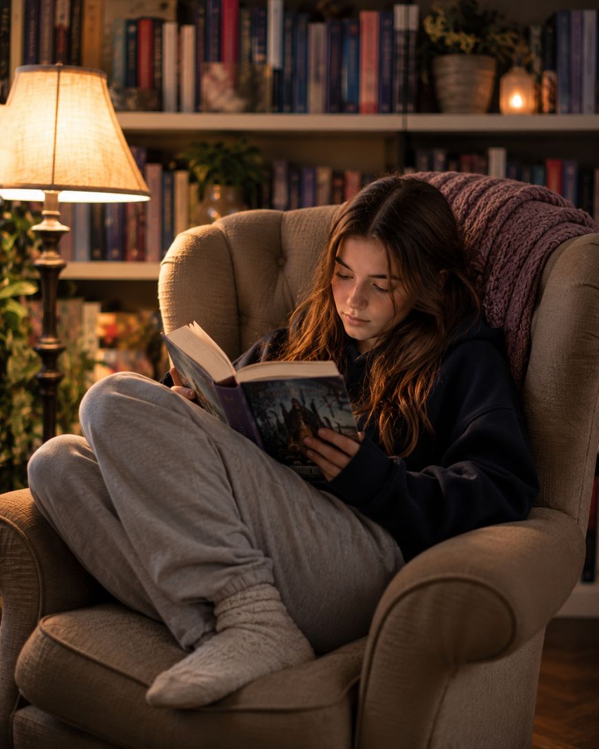 A young person sits curled up in a cozy armchair, reading a book. A lamp glows beside them, and bookshelves filled with colorful books line the background.