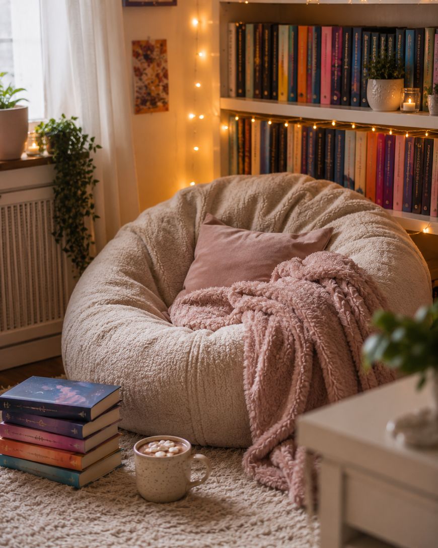 A cozy reading nook with a fluffy bean bag, pink pillow, blanket, mug of hot chocolate, stacked books, fairy lights, bookshelves, and a nearby plant by the window.