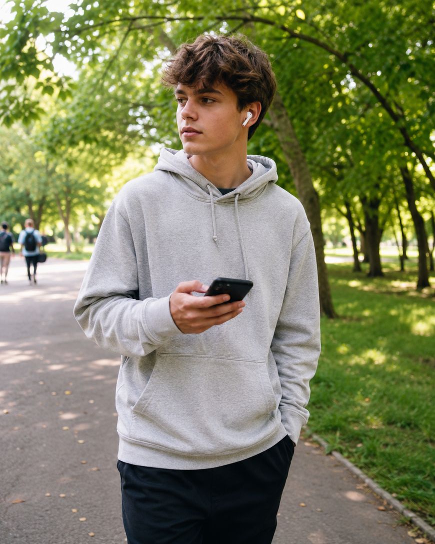 A young person in a gray hoodie walks in a park, holding a smartphone and wearing wireless earbuds, with trees and people in the background.