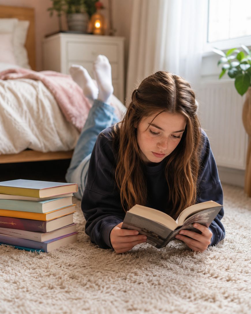 A young person lies on a beige carpet reading a book, with several stacked books nearby. A bed, plant, and window are visible in the softly lit bedroom background.