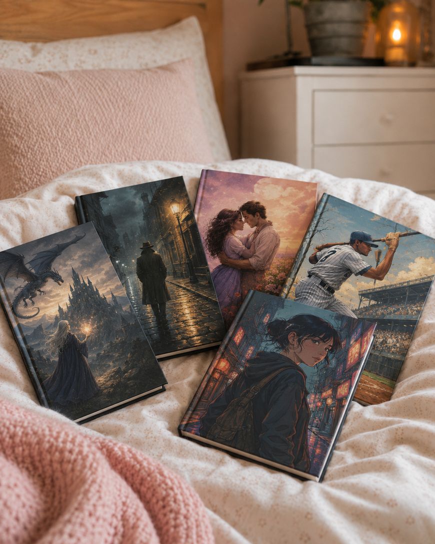 Five illustrated books with different covers—fantasy, mystery, romance, sports, and contemporary—are arranged on a cozy bed with a knitted blanket, pink pillows, and a bedside table in the background.