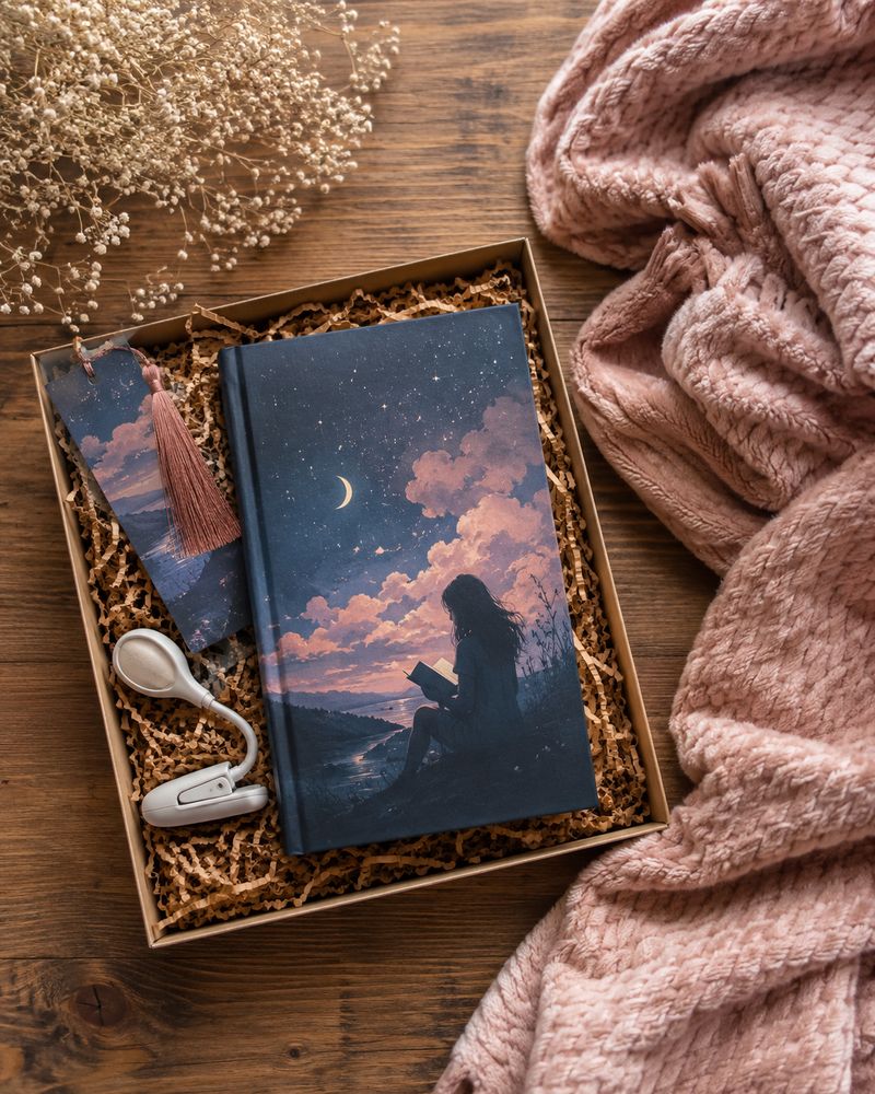 A box contains a journal with a cover showing a silhouette reading under a crescent moon, a matching bookmark, a clip-on light, dried flowers, and a pink textured blanket on a wooden surface.