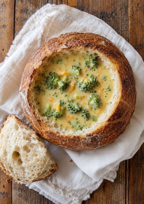 A round bread bowl filled with broccoli cheese soup, made from a classic bread bowl recipe, sits on a white cloth with a slice of bread beside it, set atop a rustic wooden table.