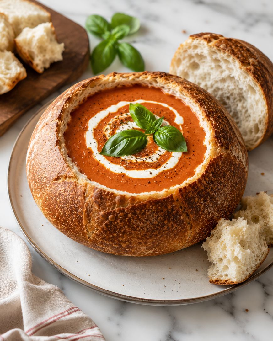 Tomato soup served in a round bread bowl, topped with cream and basil leaves. Fresh bread pieces and a basil sprig are nearby on a marble surface.