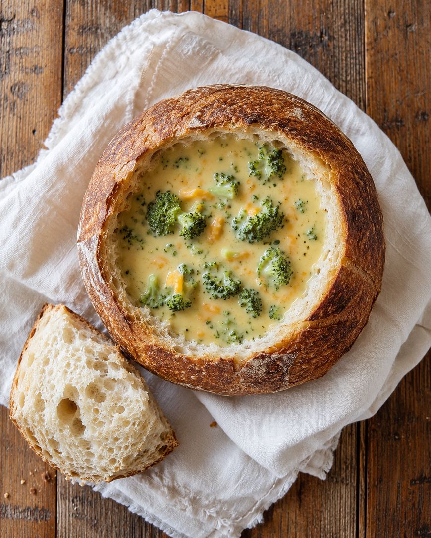 A round bread bowl filled with creamy broccoli cheddar soup sits on a white cloth, with a piece of the bread placed next to it on a rustic wooden surface.