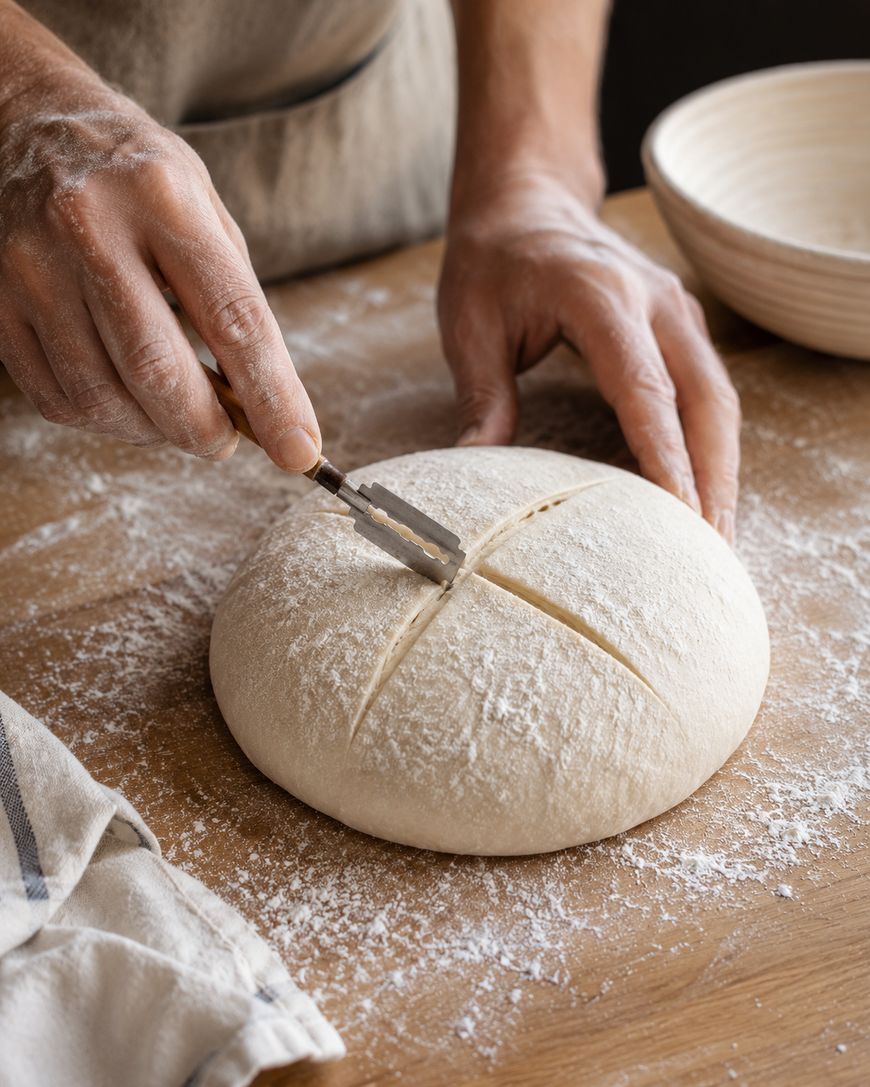 A person uses a blade to score an X into a round loaf of bread dough on a floured wooden surface, preparing it for baking. A striped towel and proofing basket are nearby.