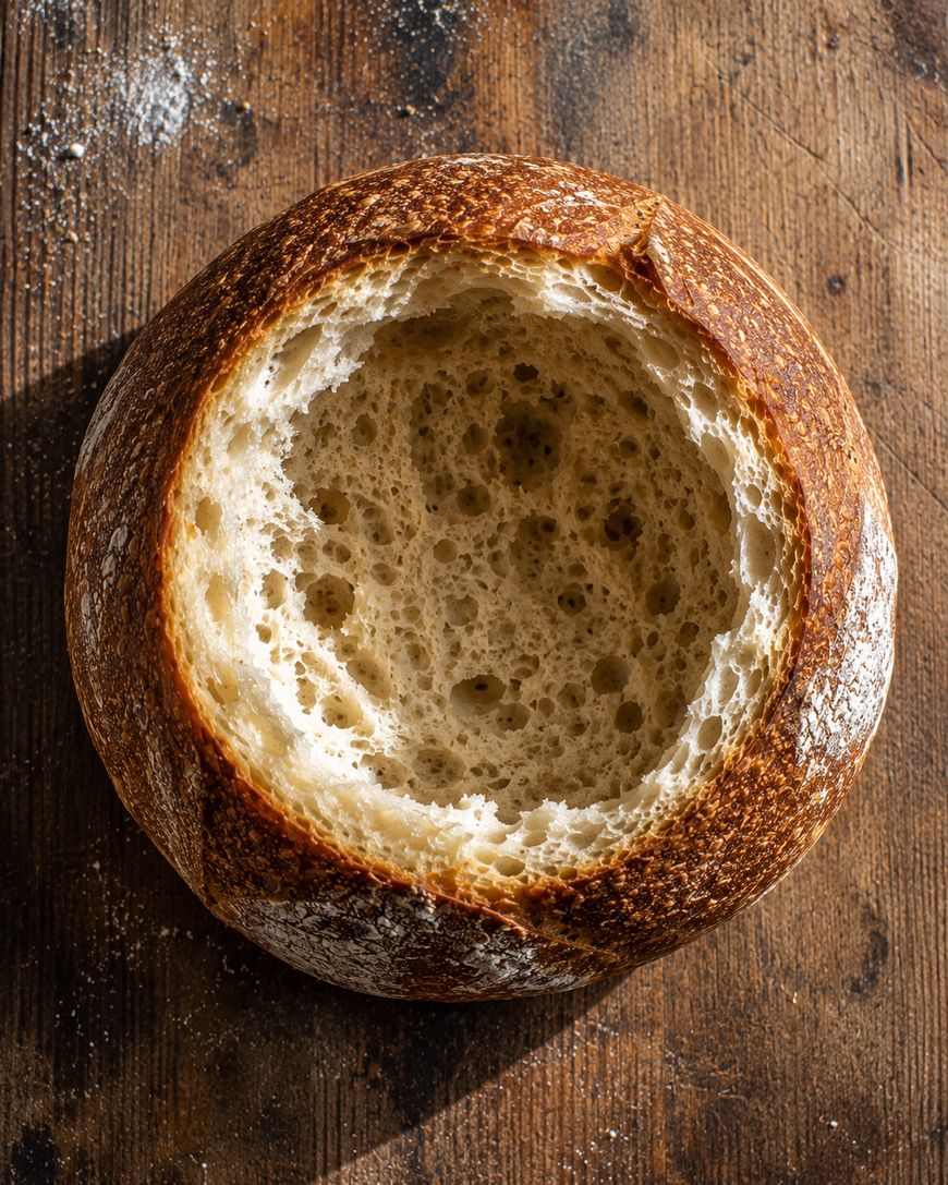 A round loaf of crusty bread sits on a wooden surface with the bread’s top removed and the soft inside hollowed out, showing its airy texture.