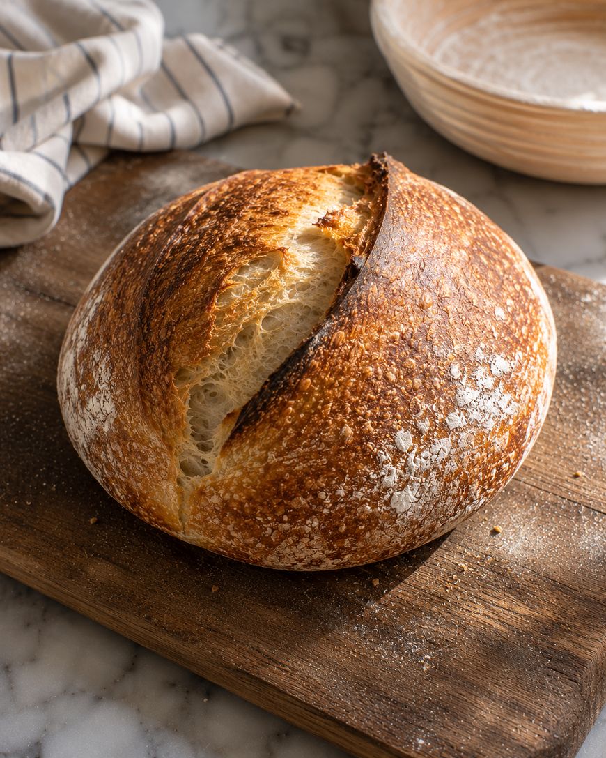 A round loaf of golden-brown sourdough bread sits on a wooden board, with a crisp crust and a deep score across the top. A striped cloth and a floured proofing basket are in the background.